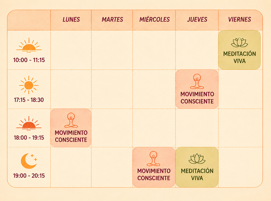 Horarios de Movimiento Consciente y Meditación Viva en Nayha