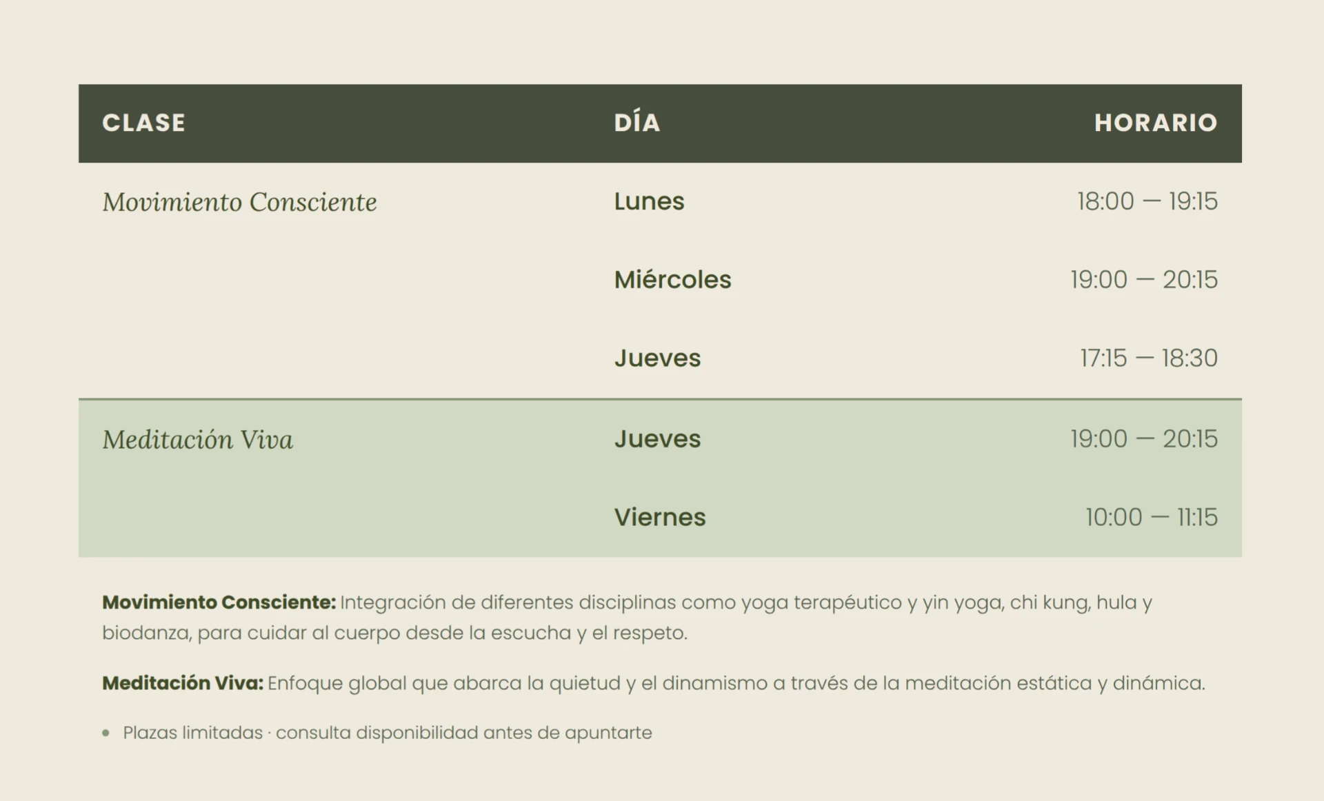 Horarios de Movimiento Consciente y Meditación Viva en Nayha